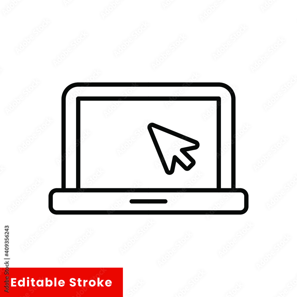 Aufkleber laptop with pointer or cursor icon. simple line style for web template and app. online, pc, registra