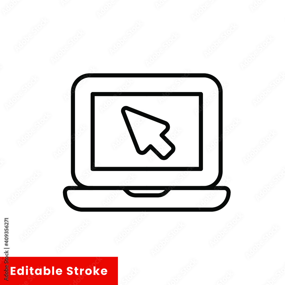 Poster laptop with pointer or cursor icon. simple line style for web template and app. online, pc, registra