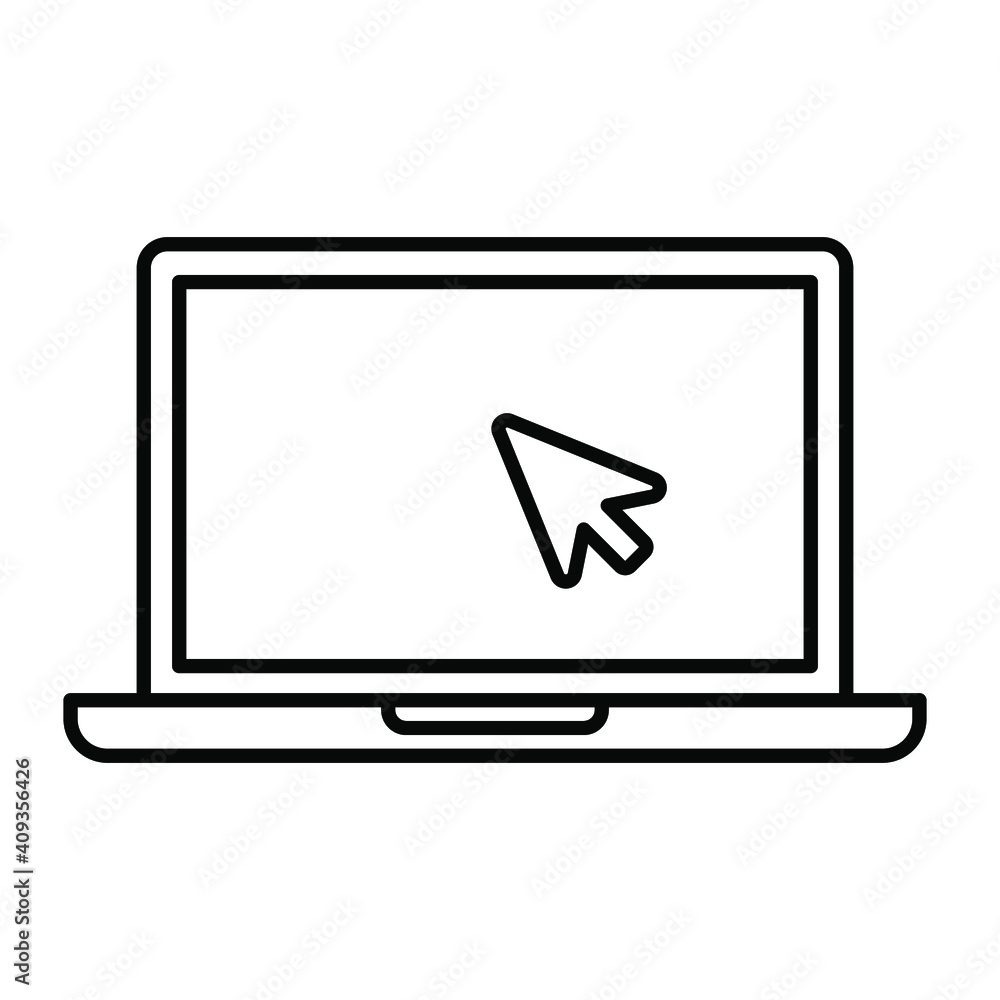 Poster laptop with pointer or cursor icon. simple line style for web template and app. online, pc, registra