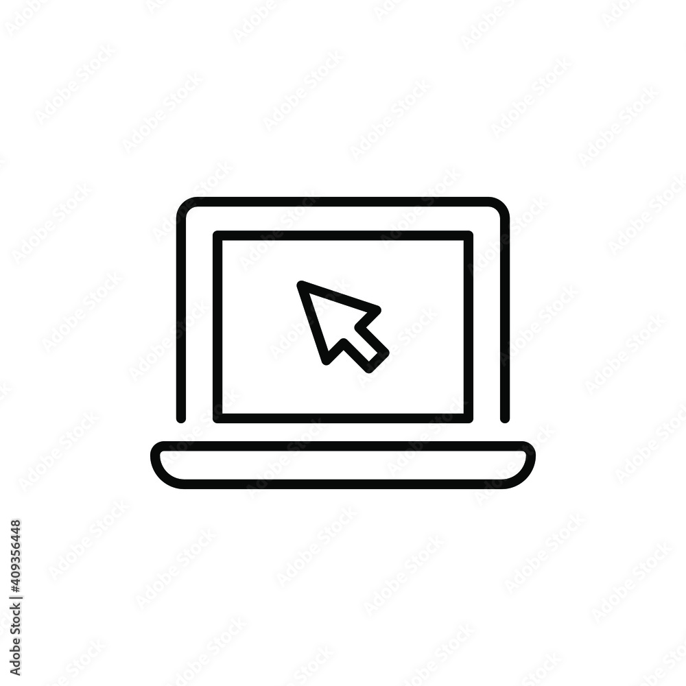 Aufkleber laptop with pointer or cursor icon. simple line style for web template and app. online, pc, registra