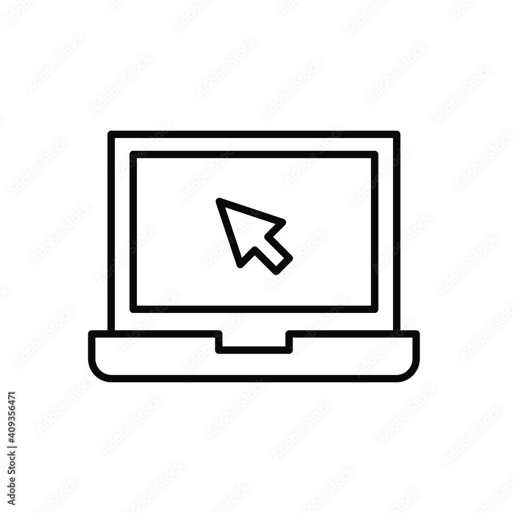 Poster laptop with pointer or cursor icon. simple line style for web template and app. online, pc, registra