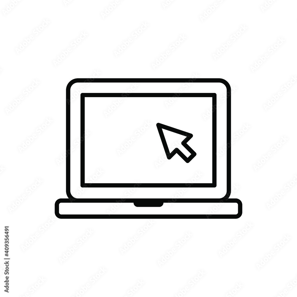 Poster laptop with pointer or cursor icon. simple line style for web template and app. online, pc, registra