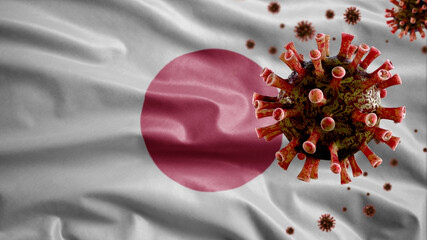 Japanese flag waving with the Coronavirus outbreak. Pandemic Covid19 virus Japan