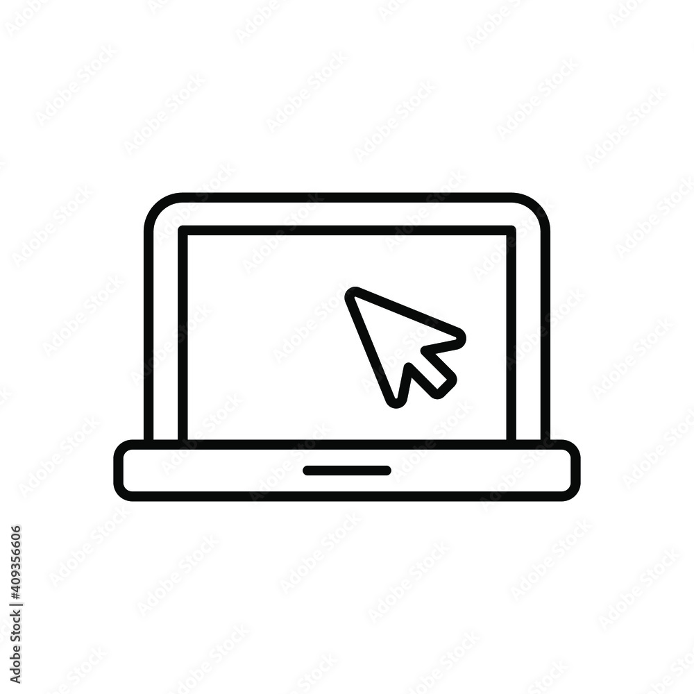 Poster laptop with pointer or cursor icon. simple line style for web template and app. online, pc, registra
