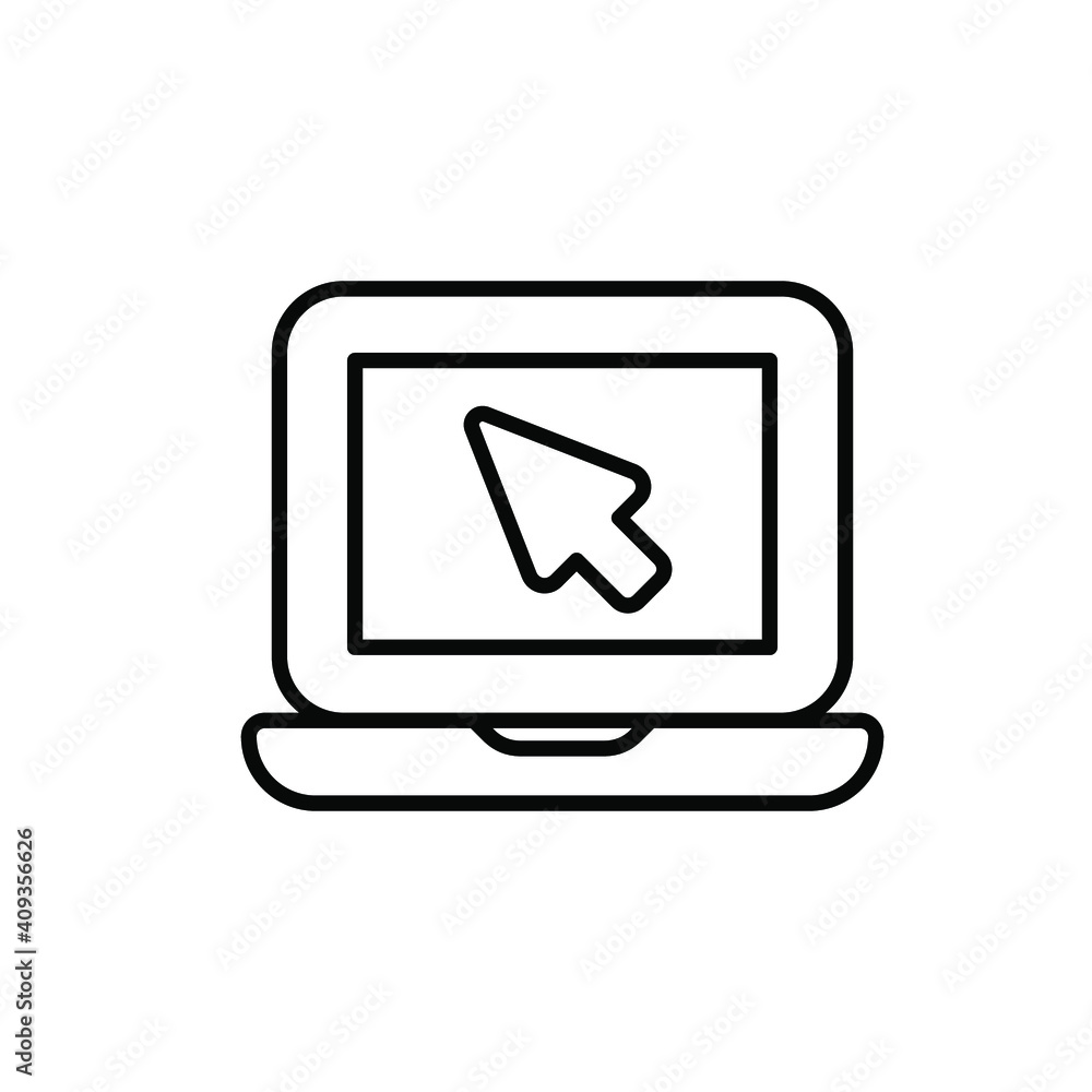 Poster laptop with pointer or cursor icon. simple line style for web template and app. online, pc, registra