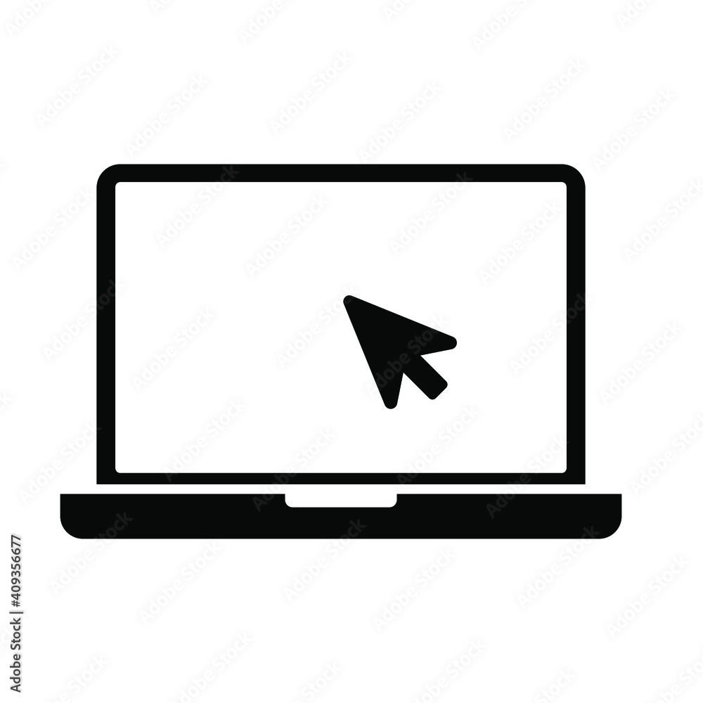 Poster laptop with pointer or cursor icon. simple solid style for web template and app. online, pc, registr