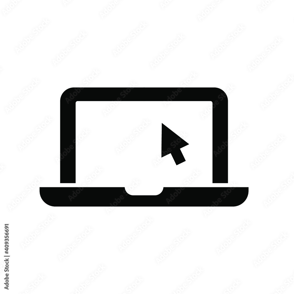 Aufkleber laptop with pointer or cursor icon. simple solid style for web template and app. online, pc, registr