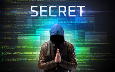 Faceless hacker with SECRET inscription on a binary code background