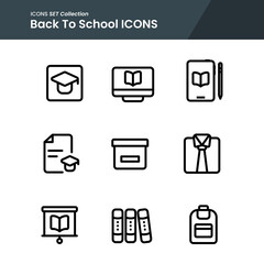 icon set of school elementary journal book, graduate, backpack and many more. with line style vector. suitable use for web app and pattern design.
