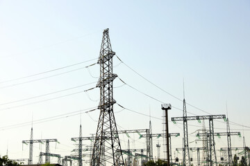 Modern electrical substation on sunny day, low angle view