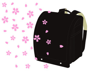 黒と赤のランドセルと桜の花びらのイラスト