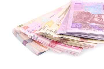 Ukrainian money on white background, closeup. National currency
