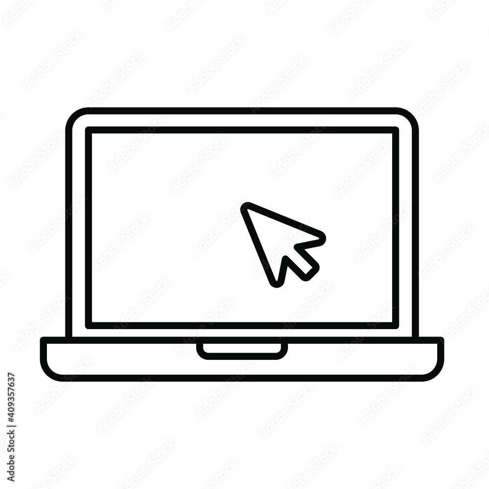Poster laptop with pointer or cursor icon. simple line style for web template and app. online, pc, registra