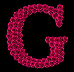 romantic concept image of a capital letter G made of red roses. Isolated on black background. Design element for love or valentines themes
