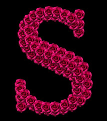 romantic concept image of a capital letter S made of red roses. Isolated on black background. Design element for love or valentines themes