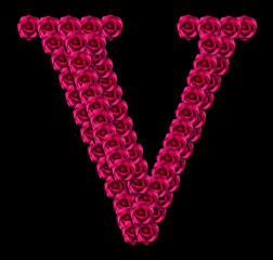 romantic concept image of a capital letter V made of red roses. Isolated on black background. Design element for love or valentines themes