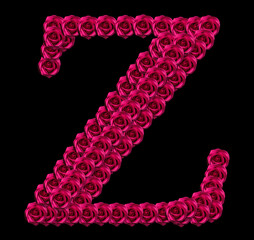 romantic concept image of a capital letter Z made of red roses. Isolated on black background....