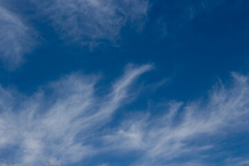 High white wispy cirrus clouds with cirro-stratus in the blue Australian sky  sometimes called mare's tails  indicate fine weather now but stormy changes coming within a couple of days.