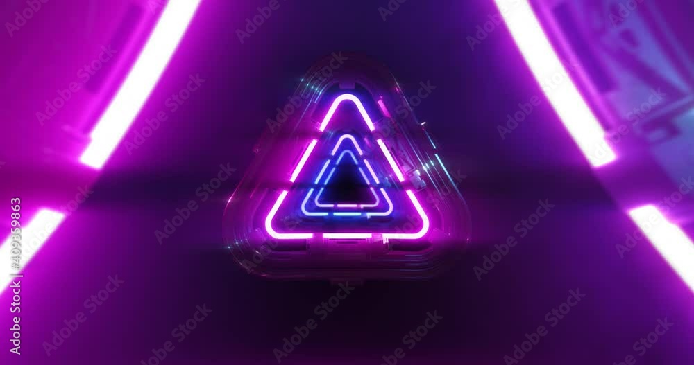 Poster futuristic glowing neon triangle tunnel looped background. bright colourful abstract tech motion gra