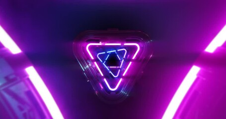 A tunnel of neon triangles on black background. Abstract neon triangles flyby. flight of bright neon lines through a multi-colored neon tunnel. 3D render, 4K Loop, VJ - Powered by Adobe