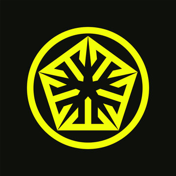 Initial letter T or M logo template with geometric pentagonal japanese kamon line art illustration in flat design monogram symbol