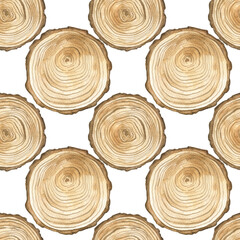 Seamless pattern with slice of wood. Watercolor illustration. The print is used for Wallpaper design, fabric, textile, packaging.