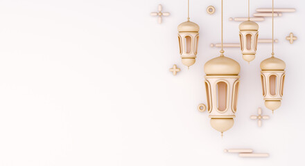 Islamic decoration background with lantern on white cartoon style, ramadan kareem, mawlid, iftar, isra  miraj, eid al fitr adha, muharram, copy space text area, 3D illustration.