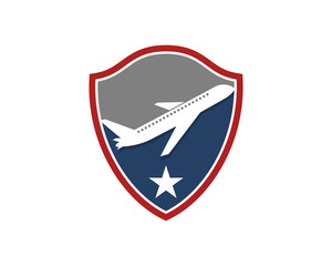 Flying airplane in the american shield logo