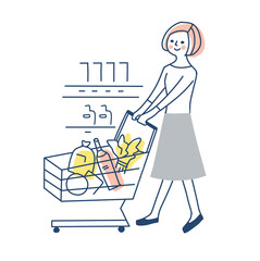 ショッピングカートを押して買い物をする女性