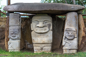 Stone sculpture or anthropomorphic statue from ancient pre-hispanic indigenous cultures in the...