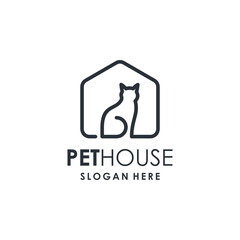Petshop Line Art Logo Design. Combination of Cat and House. Simple, Modern, Clean, Minimalist.