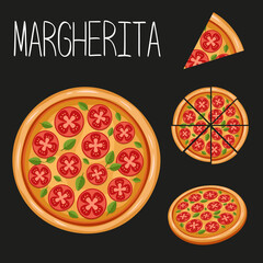 Margarita pizza set. Vector illustration of italian food
