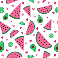 Juicy watermelon and avocado pattern. Vector summer fruit print
