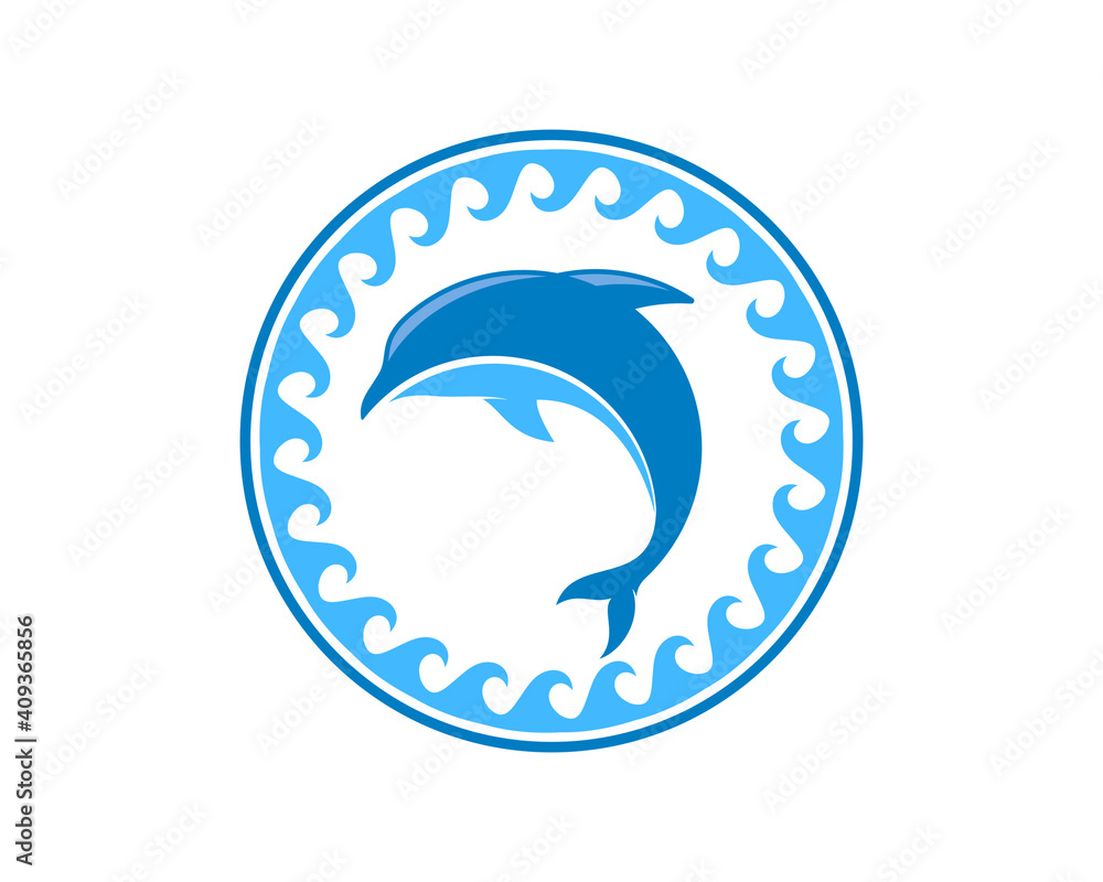 Poster jumping dolphin in the circle wave