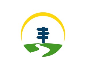 Circular yellow swoosh with road directions inside