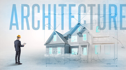 Young engineer holding blueprint with ARCHITECTURE inscription, house planning concept