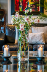 Ranunculus Butterfly 'Ariadne' flowers in a crystal vase with twisted willow branches in an elegant interior.