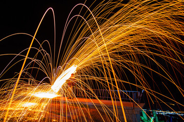 Wire wool. Steel wool Firework. Funny fire and burning steel