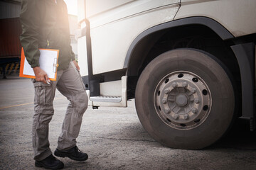 Truck driver holding clipboard his inspecting daily checklist safety of a truck wheels and tires. truck inspection and maintenance.