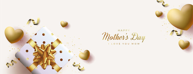 Fototapeta na wymiar Mother's day banner with 3d gift box and gold balloons.