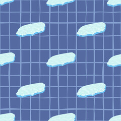 Winter cold climate seamless pattern with doodle ice floe print. Blue chequered background. Kids style.
