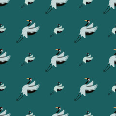 Obraz premium Seamless animal cartoon pattern with light crane bird print. Turquoise green background. Asian zoo hand drawn print.