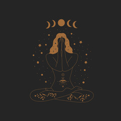 Sacred Witch/magic woman and mystical Symbols. Flat vector illustration. Ornament beautiful girl in a yoga pose. Lotus meditation. International yoga day card. Vector illustration.