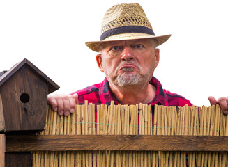 Ein älterer Mann mit Hut beobachtet neugierig über einen Zaun die Nachbarn. Der Hintergrund ist weiß. - obrazy, fototapety, plakaty