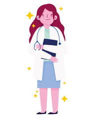 fenmale doctor with folder and stethoscope cartoon