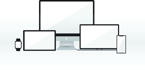 Mockup of monitor computer, laptop, smart watch, tablet and smartphone. Technology mockup for responsive design presentation.