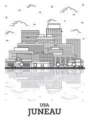 Outline Juneau Alaska City Skyline with Modern Buildings and Reflections Isolated on White.