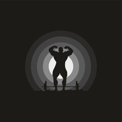 silhouette of gym man in circle background of moon logo