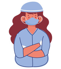 female nurse with suit hat and protective mask cartoon