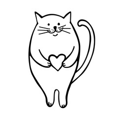 A chubby enamored cat holds a heart in its paws. Valentine's Day. The illustration is drawn with a contour. Vector